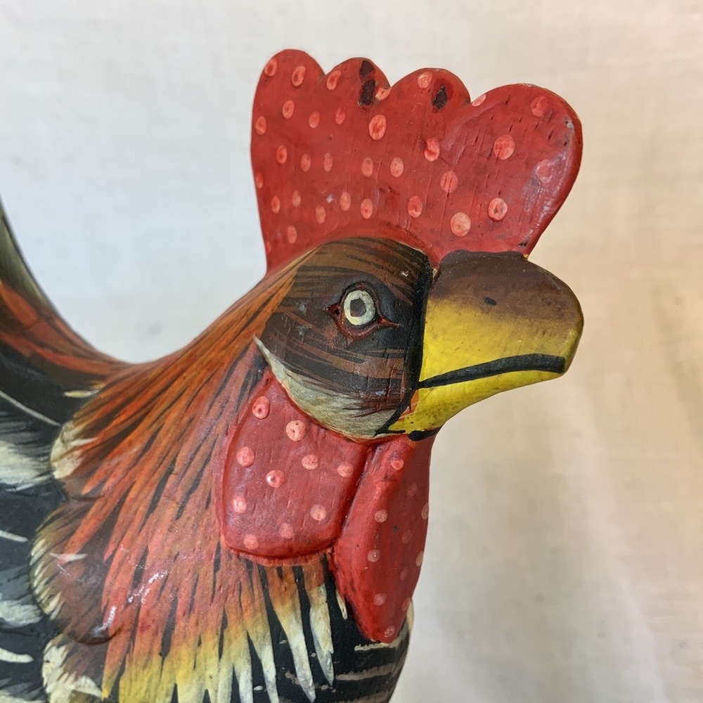 Folk Art Hand Carved WOODEN ROOSTER 5.5" Tall HAND PAINTED‎ Red Orange Green